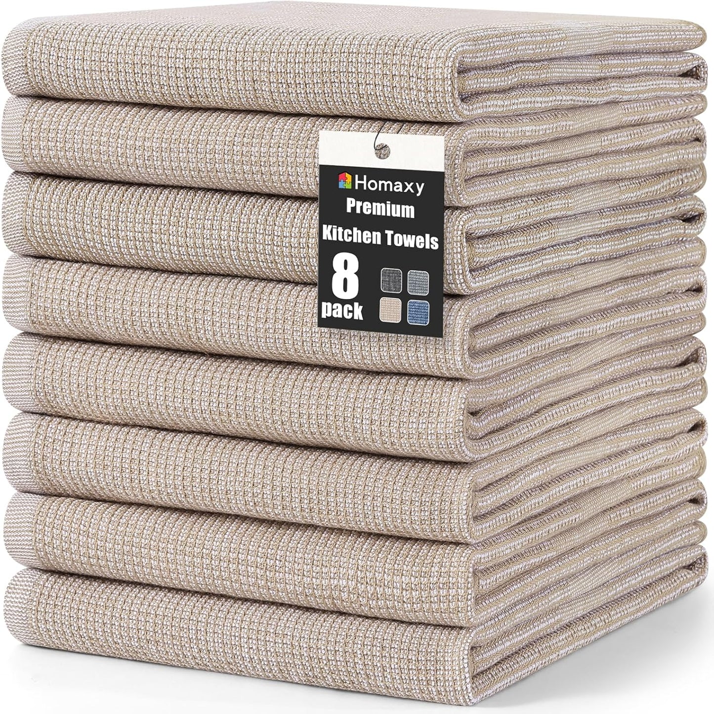 Homaxy Premium Kitchen Towels(18”x 28”, 8 Pack), Large Cotton Kitchen Hand Towels, Flat and Terry Dish Towels, 380 GSM Highly Absorbent Tea Towel Set with Hanging Loop, Khaki