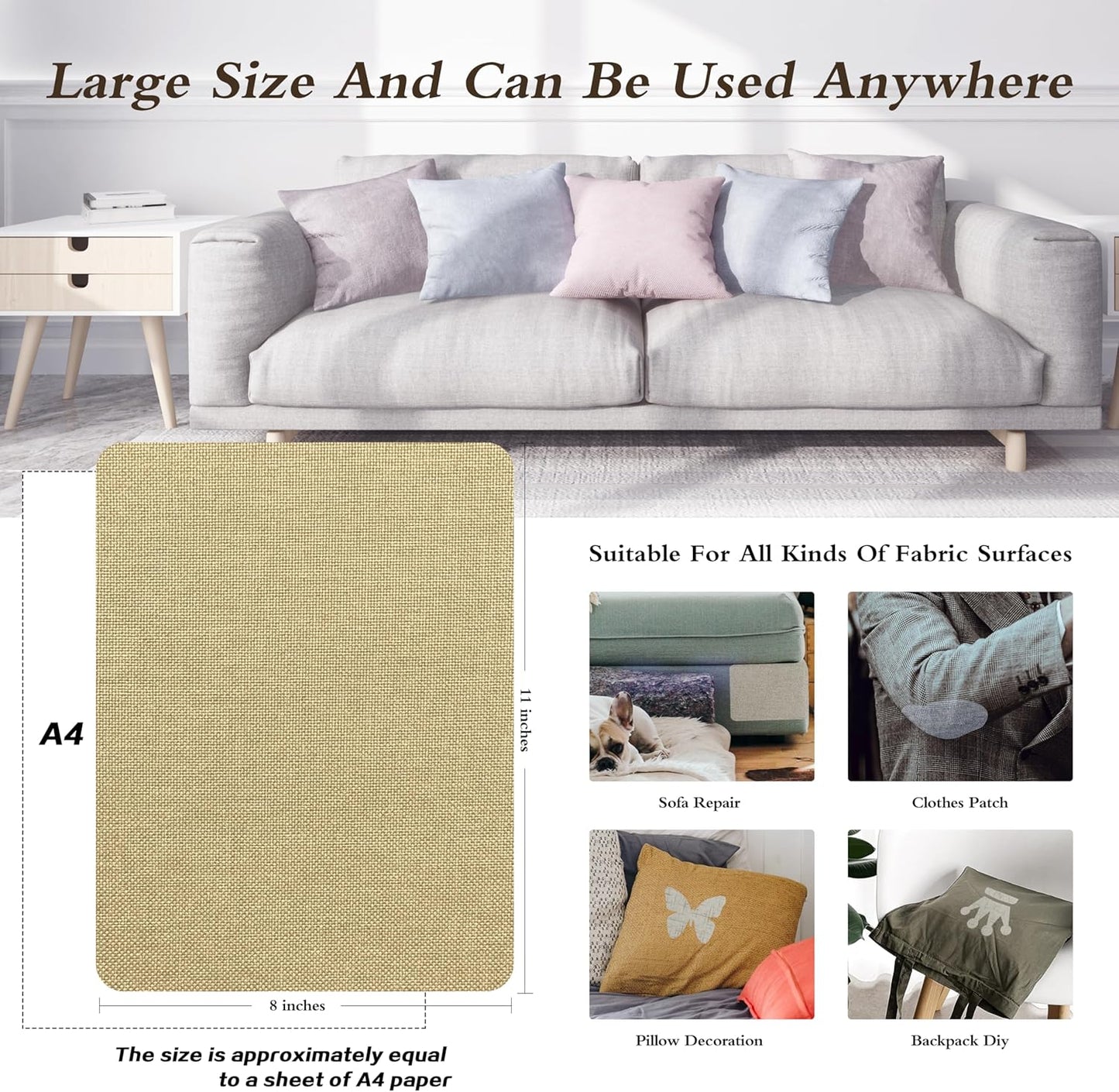 KING MOUNTAIN Self-Adhesive Coarse Linen Repair Patches, 8X11 inch, Multi Color, Can be Used for Linen Sofa Repair and Clothes Repair(8" x 11", Khaki)