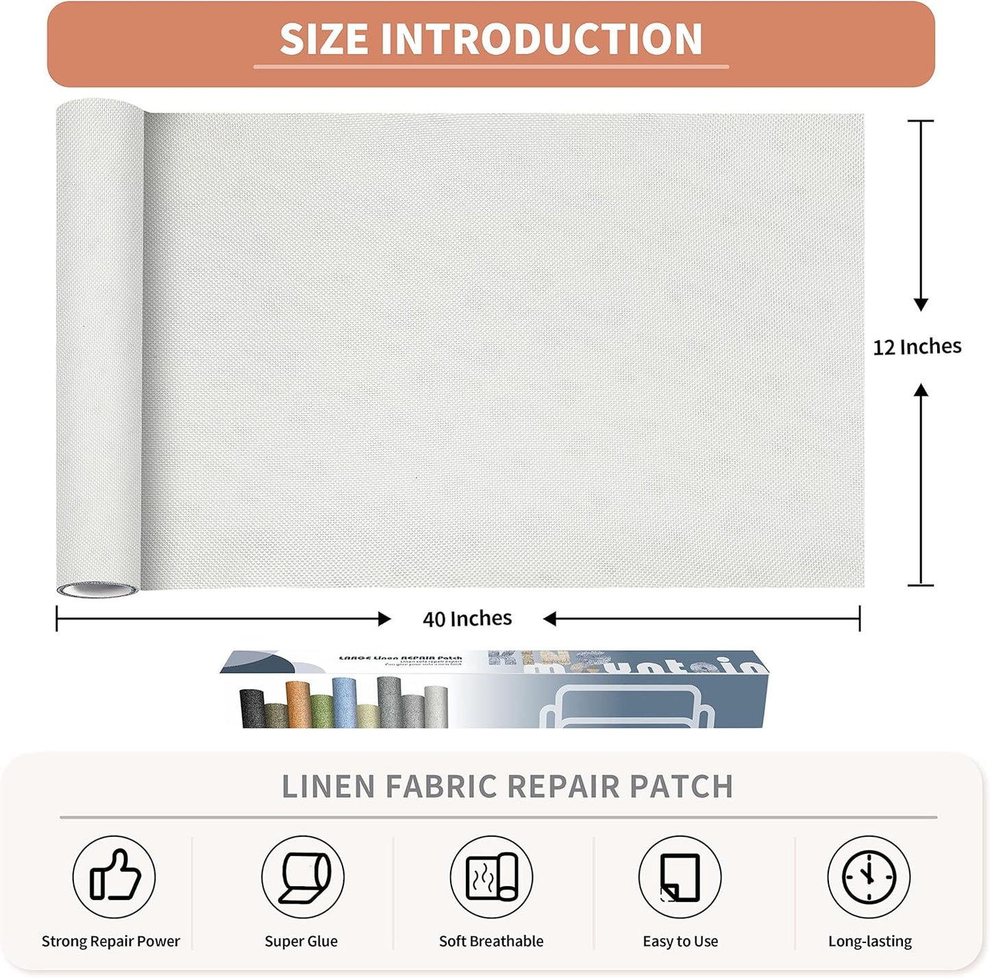 KING MOUNTAIN Fine Linen Repair Patches, Self-Adhesive Linen Fabric Patches, 12X40 inch Extra Size, Multi Color, Can be Used for Linen Sofa Repair and Linen Clothes Repair(12" x 40",White)
