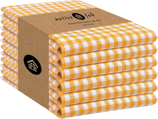 Native Fab 6 Pack Gingham Mini Check Kitchen Hand Towels Set - 100% Cotton Absorbent Reusable Washable 16"x26" - Quick Drying Dish Towels with Hanging Loops for Kitchen, Yellow White