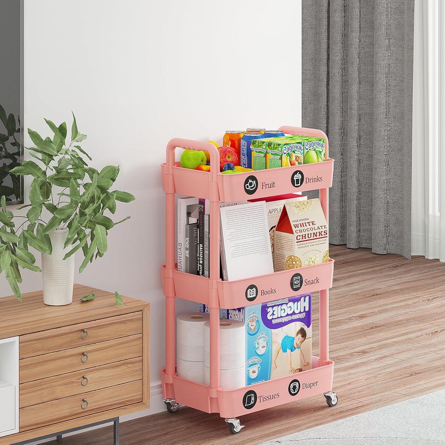 Laiensia 3-Tier Rolling Cart with Wheels,Multifunction Utility Storage carts, Kitchen Storage Organizer,Mobile Shelving Unit for Bathroom,Laundry,with Classified Stickers,Pink