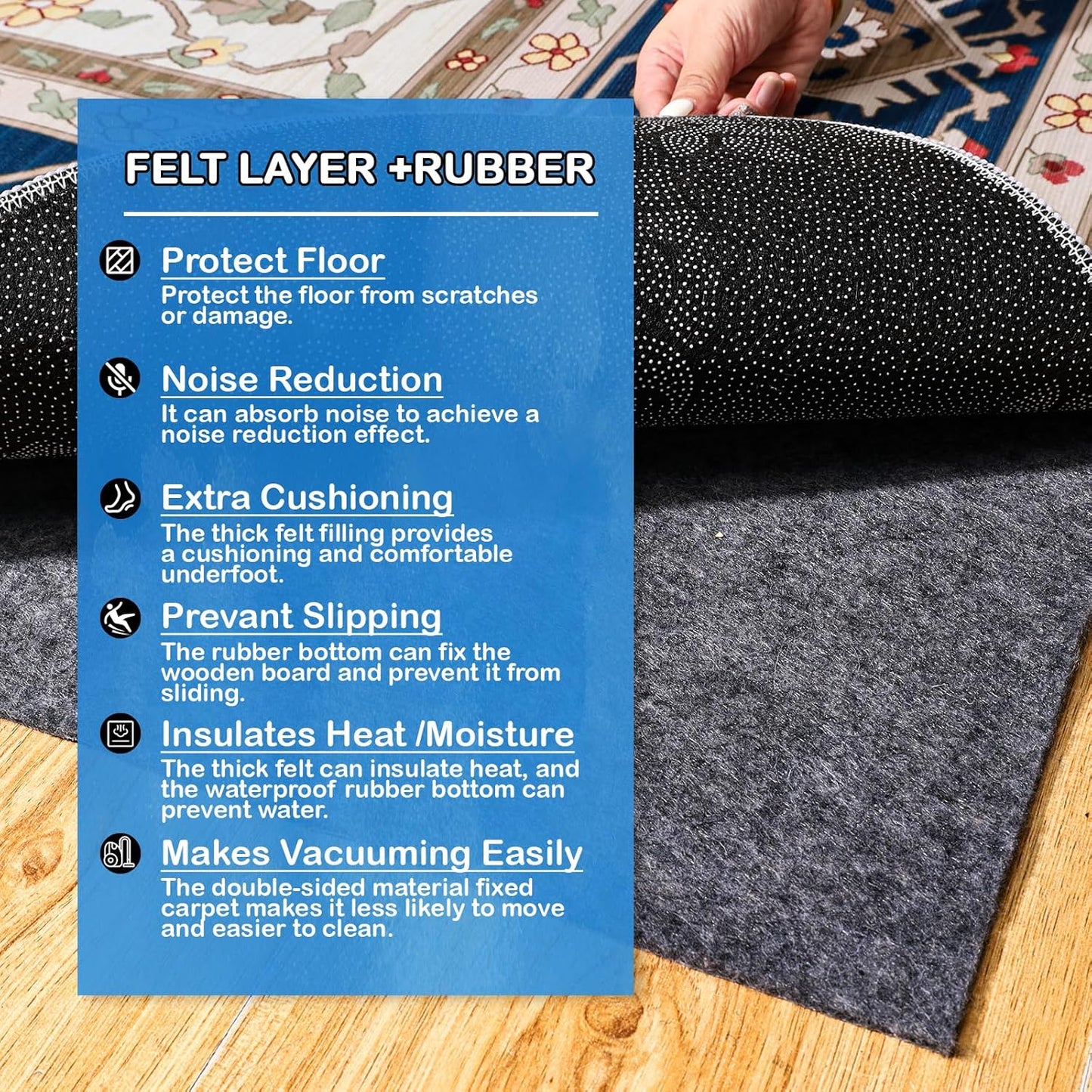 Non-Slip Rug Pads 6 x 9 ft, 100% Waterproof Extra Large Area Rugs Non Skid Rug Pad for All Floors and Finishes Durable Hardwood Floor Protective Felt Keeps Rugs in Place, Safe and Secure