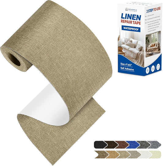 KING MOUNTAIN Linen Repair Patches, Self-Adhesive Fabric Patches, 4 X 63 inch Extra Size, Multi Color, Can be Used for Sofa Repair and Linen Clothes Repair (Flaxen)
