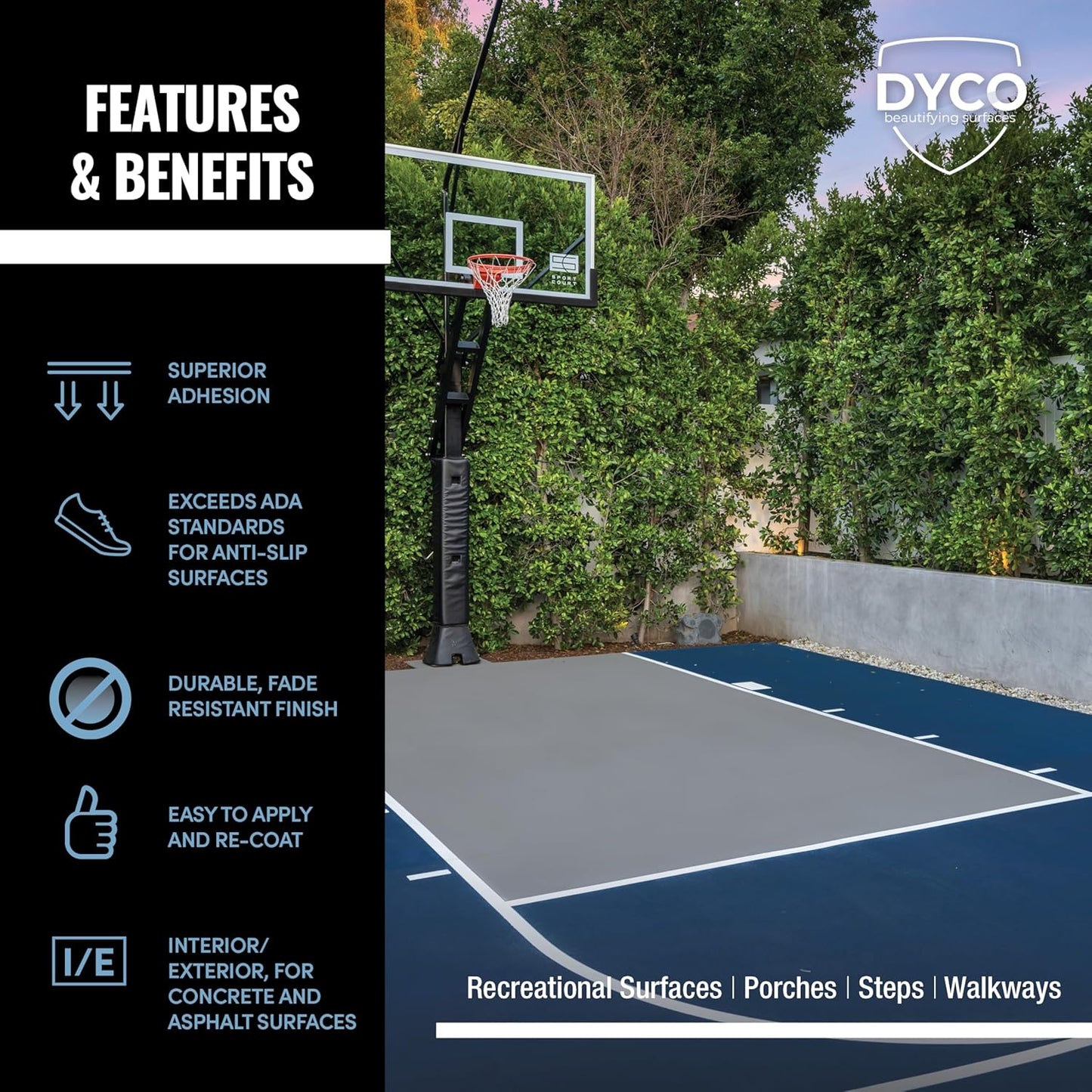 DYCO Court & Floor Anti-Slip Coating - Slip-Resistant Pavement, Cement & Concrete Paint for Pickleball, Tennis & Basketball Courts, Exceeds ADA Standards for Safety Areas (Red Currant, 5 Gallons)