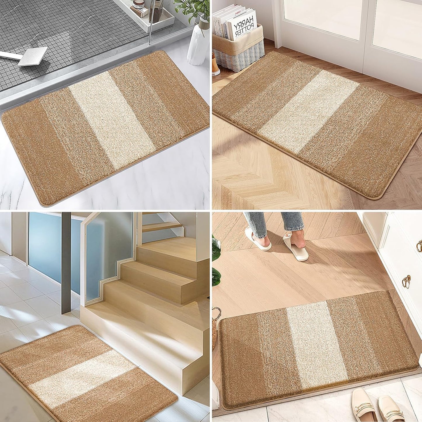 Kitinjoy Indoor Outdoor Door Mat, 36x24 Non-Slip Absorbent Dirt Trapper, Low-Profile Washable Inside Entrance Front Floor Mat, Sturdy Soft Entry Doormats for Entryway, Camel