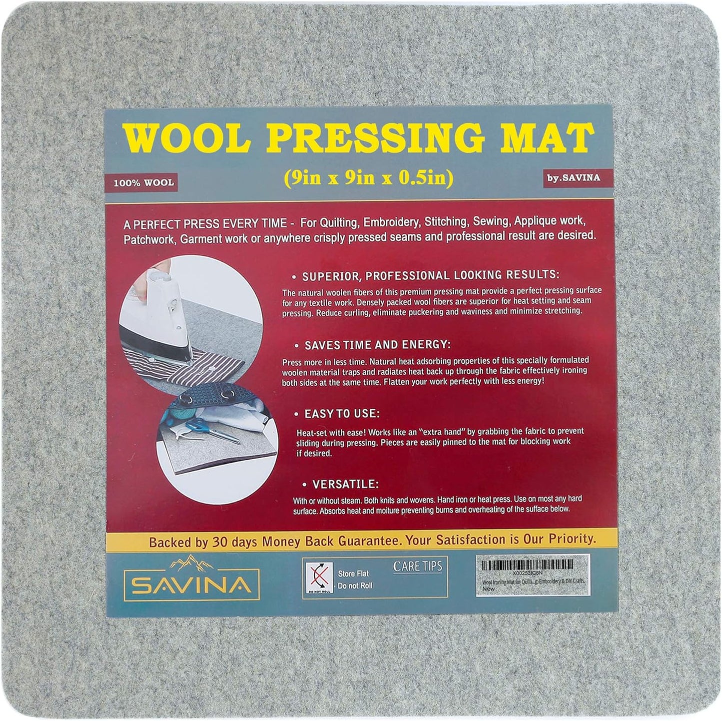 Wool Pressing Mat - 9" x 9" Quilting Ironing Pad - 100% New Zealand Felted Wool Iron Board for Quilters, Great for Quilting & Sewing Projects by Savina