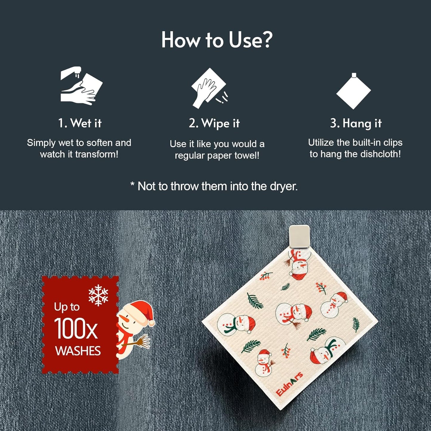 Reusable Paper Towels, Christmas Swedish Dishcloths for Kitchen 8-Pack, Non-Scratch Swedish Dish Towels, Super Absorbent Cellulose Dish Cloths, No Odor Cleaning Rags