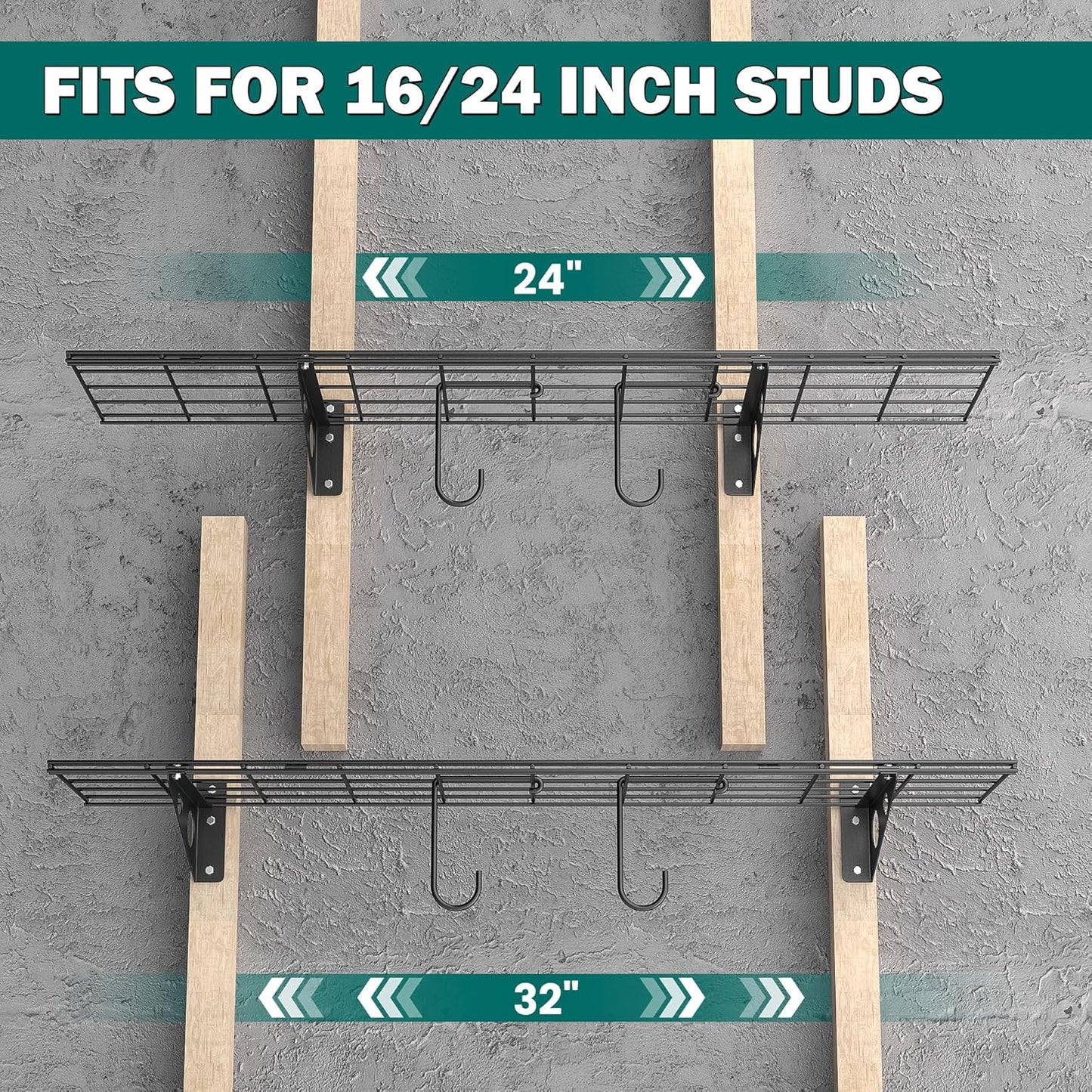 EVERHANGER Garage Wall Shelves, 12 X 48 Inch Wall Mounted Storage Shelves, Heavy Duty Metal Shelving with Hooks, 2 Pack, Black