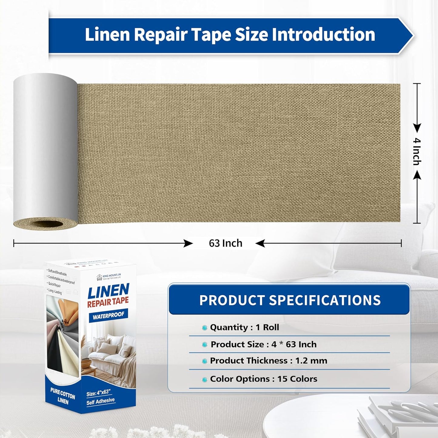 KING MOUNTAIN Linen Repair Patches, Self-Adhesive Fabric Patches, 4 X 63 inch Extra Size, Multi Color, Can be Used for Sofa Repair and Linen Clothes Repair (Flaxen)