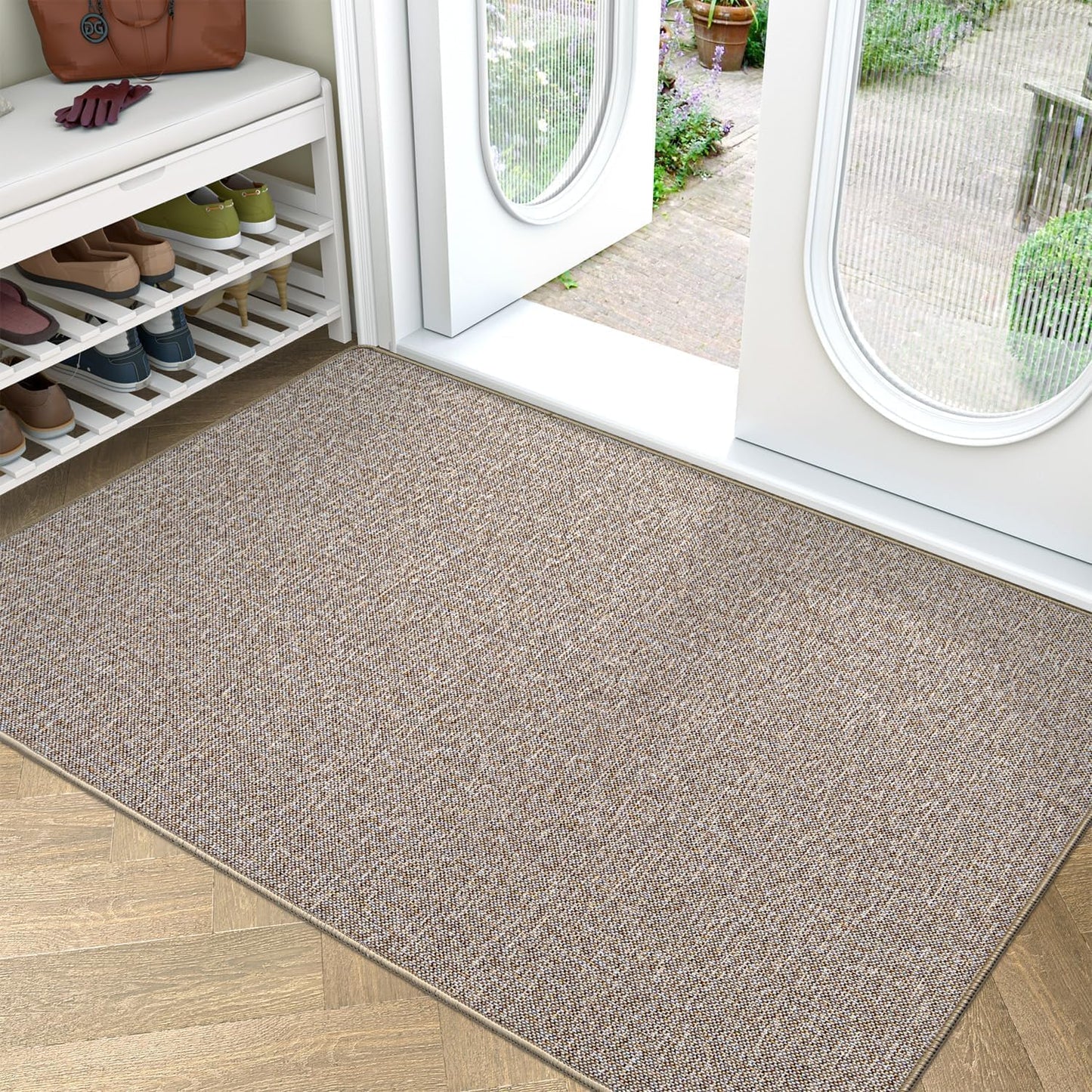 LUMI Ultra Thin Door Mat for Entryway, 32"x48" Low Profile Non Slip Rubber Backing Indoor Doormat, Easy Clean Welcome Entrance Mat for Inside House, Patio, Khaki
