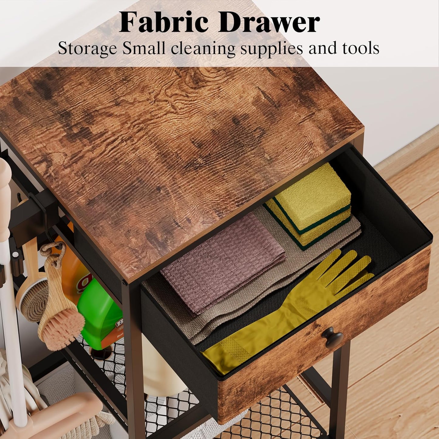 Heavy Duty Metal Cleaning Cart with Wheels,Broom Holder with Cleaning Supplies Organizer,Broom Storage Cart with Mop Hanger Gripper Rack Hooks for Home, Commercial (Rustic Brown, 37.6" L)