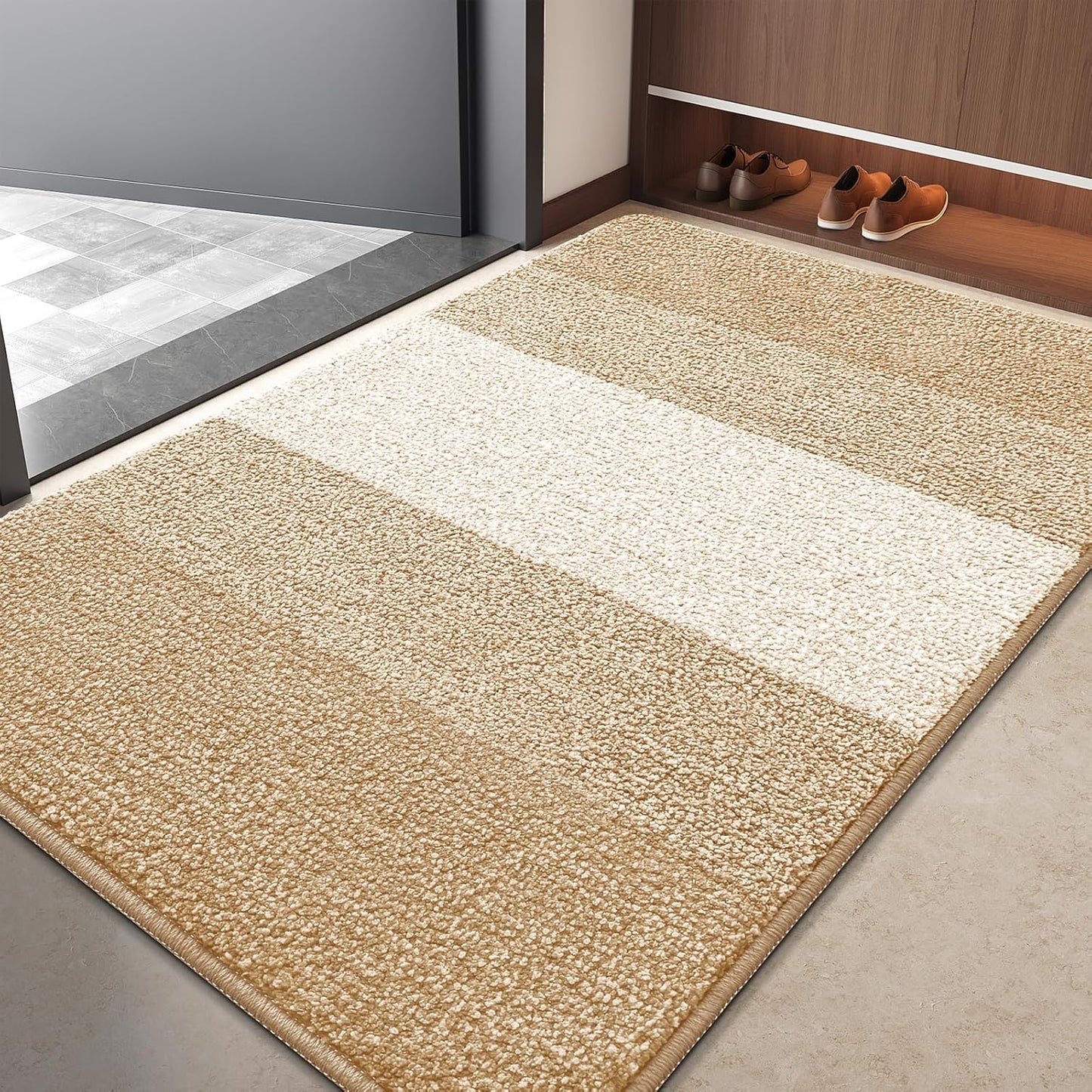 Kitinjoy Indoor Outdoor Door Mat, 40x32 Non-Slip Absorbent Dirt Trapper, Low-Profile Washable Inside Entrance Front Floor Mat, Sturdy Soft Entry Doormats for Entryway, Beige