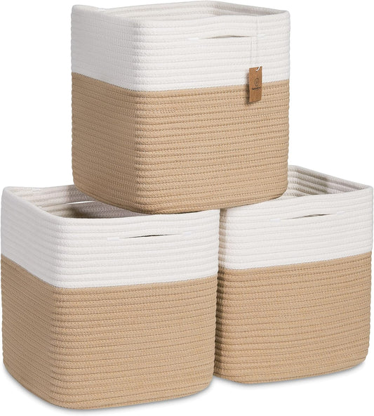 NaturalCozy Storage Cubes 11 Inch Cotton Rope Woven Baskets for Organizing, 3-Pack | Cube Storage Bin | Square Storage Baskets for Shelves Organizer, Classroom, Kids Toy Bins, Closet, Baby Nursery