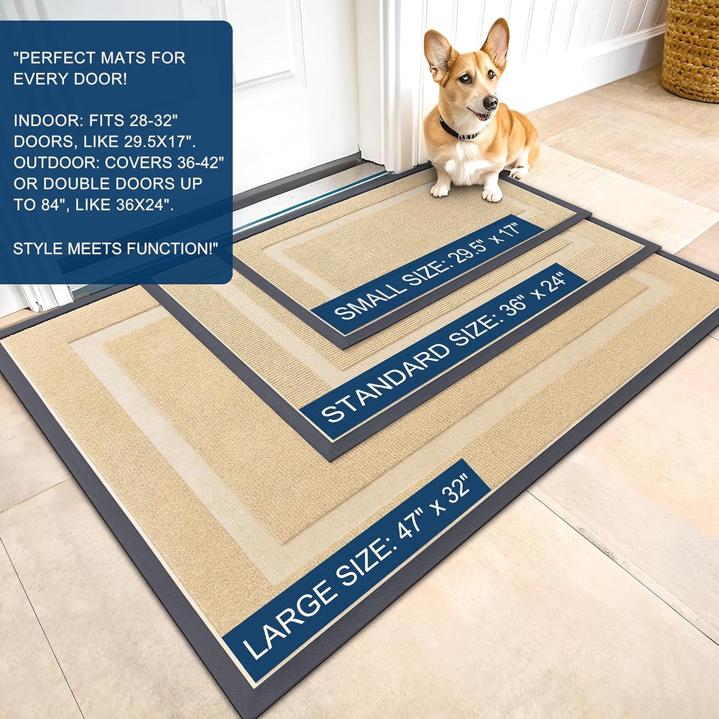 OLANLY Front Door Mat Indoor Outdoor Entrance, Waterproof All-Season, All-Weather Doormat, Sturdy Natural Rubber, Fade Resistant, Low Profile, Easy Clean Patio Porch Entryway Mat, 47x30, Beige