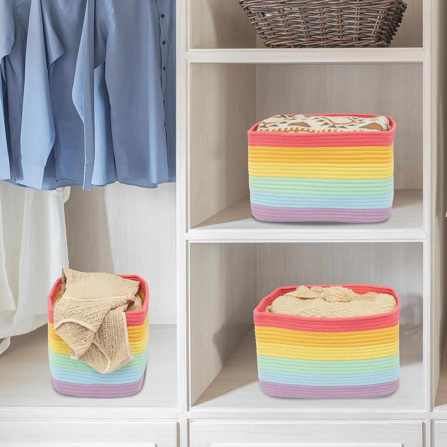 3-Pack Rainbow Storage Baskets 14.5X9.5X9.3“ – Woven Toy Organizer Bins for Kids, Baby Room, Nursery, and Classroom – Cute Square Rope Baskets for Shelves and Organization Rainbow