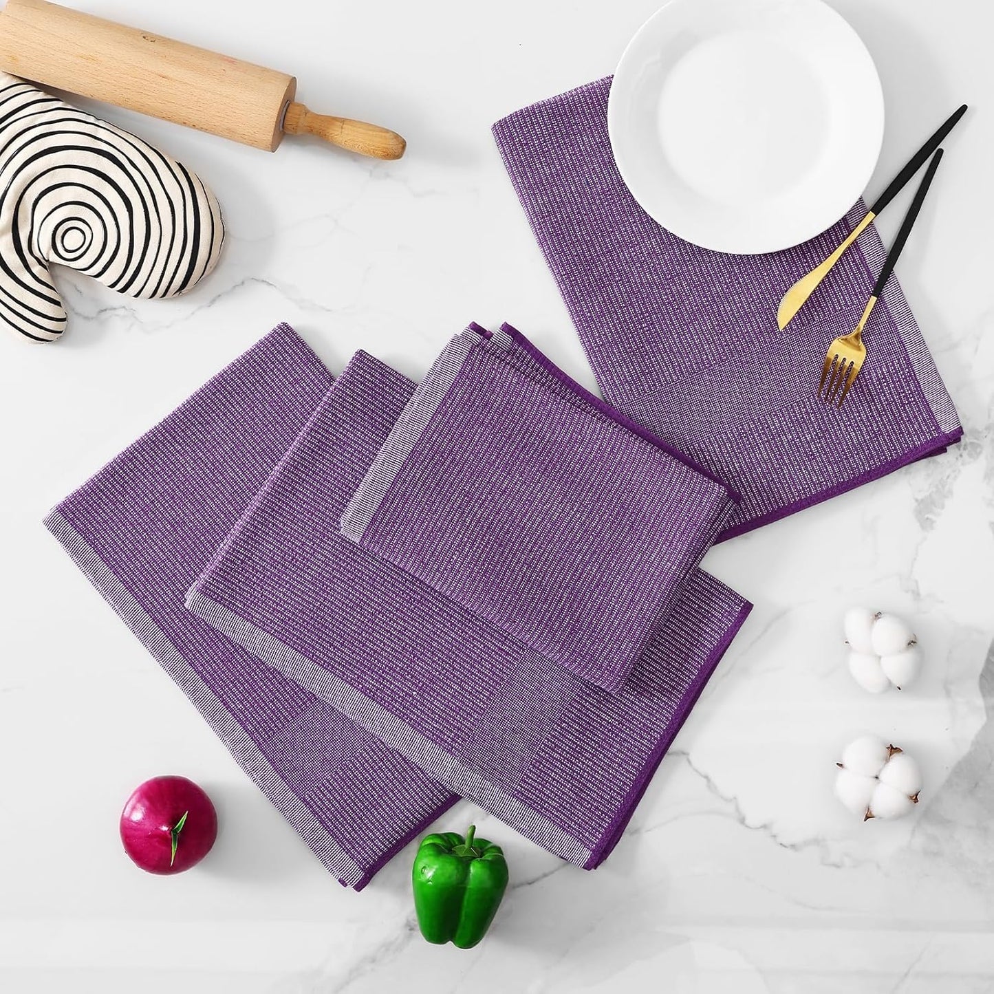 Homaxy Premium Kitchen Towels(18”x 28”, 8 Pack), Large Cotton Kitchen Hand Towels, Flat and Terry Dish Towels, 380 GSM Highly Absorbent Tea Towel Set with Hanging Loop, Purple