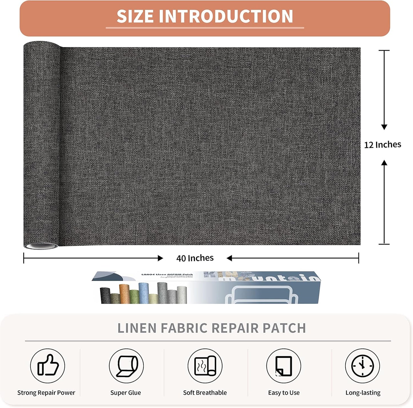 KING MOUNTAIN Fine Linen Repair Patches, Self-Adhesive Linen Fabric Patches, 12X40 inch Extra Size, Multi Color, Can be Used for Linen Sofa Repair and Linen Clothes Repair(12" x 40",Dark Grey 2.0)