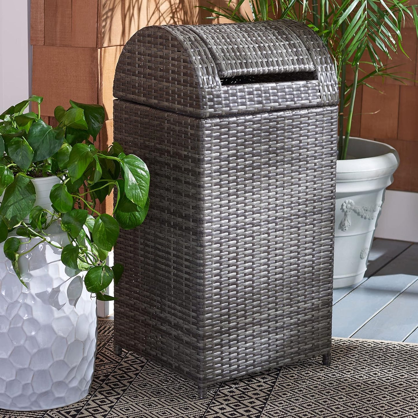 SAFAVIEH Outdoor Collection Mazeli Grey Brown Woven Swing Top Dome Lid Trash Bin (Fully Assembled) PAT7511C