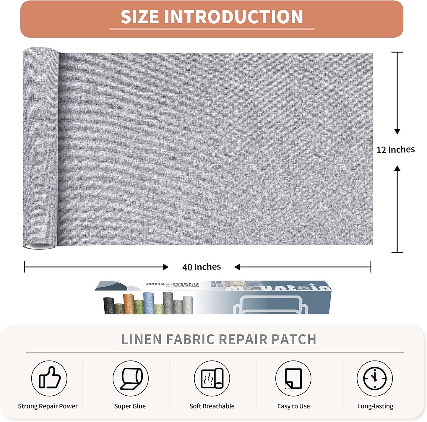 KING MOUNTAIN Fine Linen Repair Patches, Self-Adhesive Linen Fabric Patches, 12X40 inch Extra Size, Multi Color, Can be Used for Linen Sofa Repair and Linen Clothes Repair (12" x 40", Light Grey 3.0)