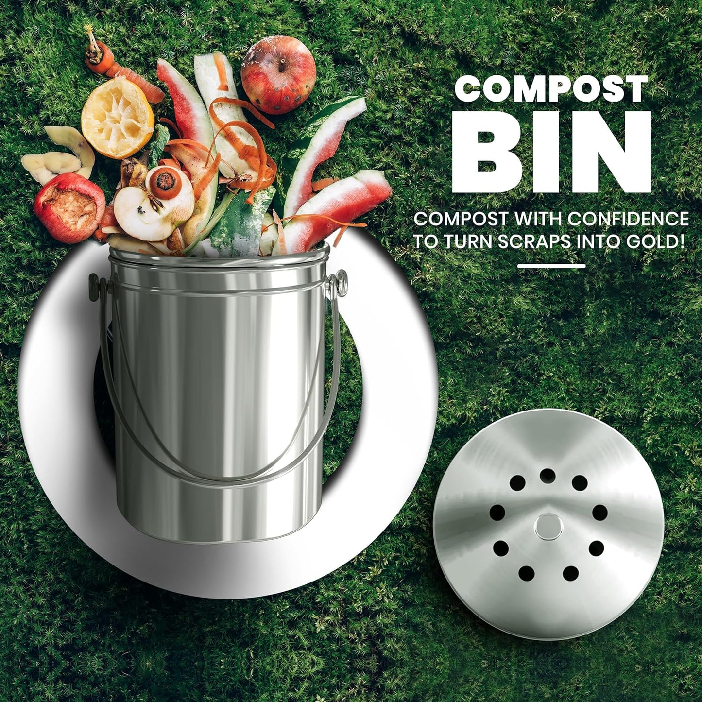 Utopia Kitchen Compost Bin for Kitchen Countertop, 1 Gallon Compost Bucket for Kitchen with Lid, Includes 1 Spare Charcoal Filter (Silver)