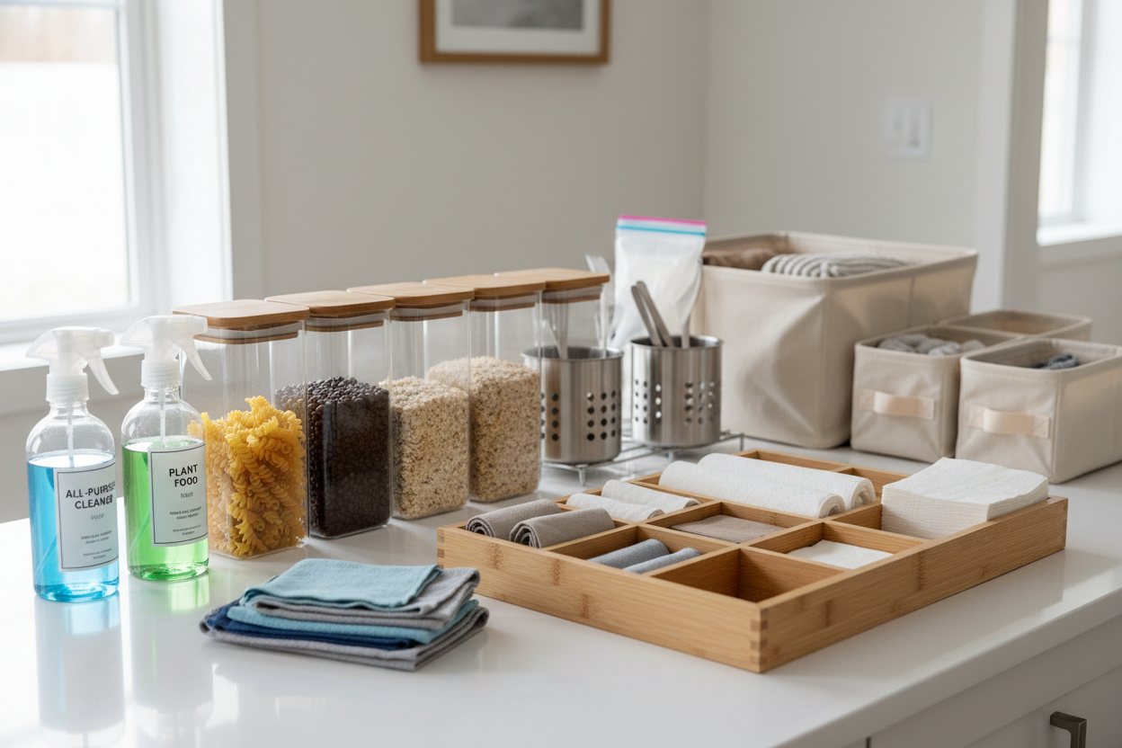 Cleaning supplies. Kitchen containers and organizational tools. Paper goods and reusable home essentials (make it real photo)
