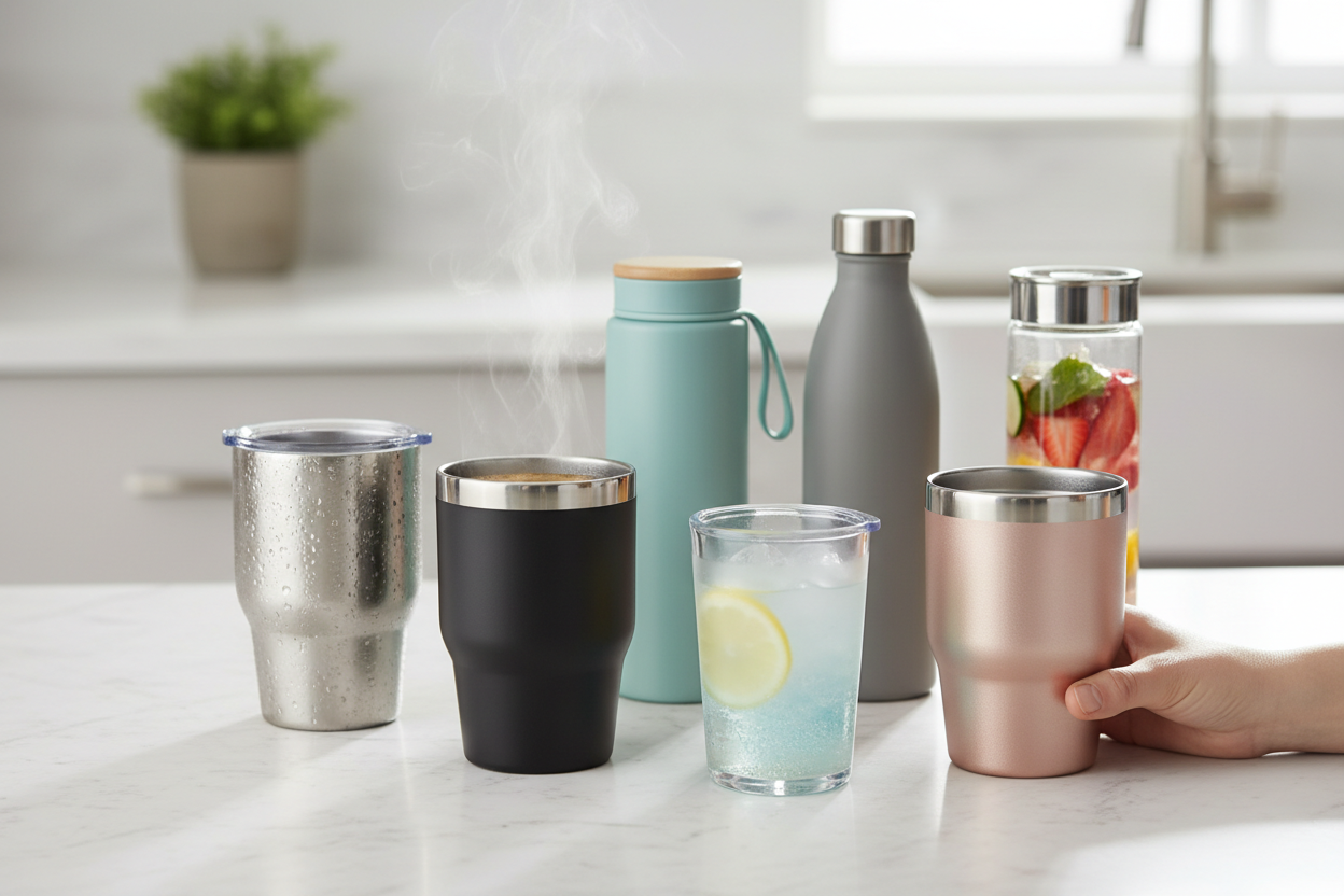 Insulated tumblers for hot and cold drinks. Travel-friendly hydration bottles. Stylish designs for everyday use (make it real photo)