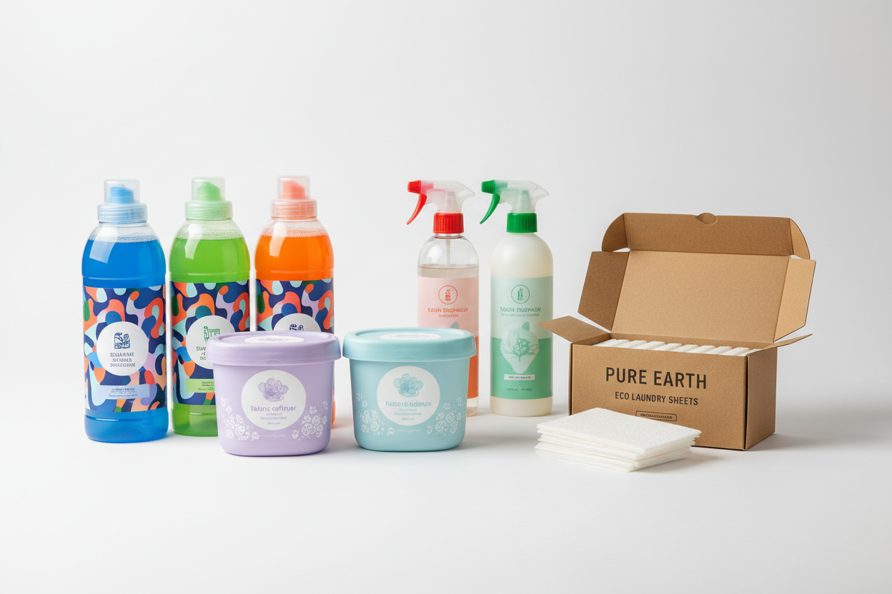 Powerful detergents. Fabric softeners and stain removers. Eco-friendly detergent sheets (make it real photo)